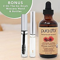 PURA D'OR Organic Castor Oil (4oz + 2 BONUS Pre-Filled Eyelash & Eyebrow Brushes) 100% Pure, Cold Pressed, Hexane Free Growth Serum For Fuller, Thicker Lashes & Brows, Moisturizes & Cleanses Skin