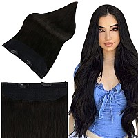 Full Shine Fish Wire Hair Extensions Real Human Hair 90 grams Black Human Hair clip In Extensions With Transparent Fish Line Invisible Layered Hair Extensions For Women One Piece Extension 18 Inch