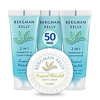 BERGMAN KELLY Round Soap Bars, 2in1 Shampoo & Conditioner 2-Piece Set (Tropical Waterfall, 1 oz each, 100 pc), Delight Your Guests with Revitalizing & Refreshing Sanitary Toiletries & Hotel Amenities