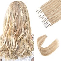 Sixstarhair Highlight Blonde Tape in Hair Extensions Human Hair Tape Extensions Dark Dirty Blonde Mixed with Ash Blonde P12-60 Remy Human Hair Premium Hair Extensions color P12-60 16inch]