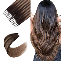 Sixstarhair Tape In Human Hair Extensions Balayage Tape in Extensions Dark Brown Fading to chestnut Brown Remy Human Hair Ombre Hair Extensions and Piano colors color B2-6 22inch]