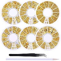 Wokoto 6 Boxes Gold Metal Nail Studs Rose Star Moon Feather Nail Charm Kit 3D Nail Art Jewelry Decoration With 1Pc Tweezers And Picker Pencil