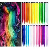 KgBFASS 32Packs colored Hair Extensions 20Inch Straight color clip in on Hair Extension Rainbow Party Highlights Synthetic Hairpiece for girls (16 colors)