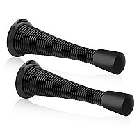 KOVOScH 2 Pack Upgraded Spring Door Stoppers Black - Flexible Heavy Duty Screw-in Door Stop Spring, Wall Door Stopper with Black Bumper Tips