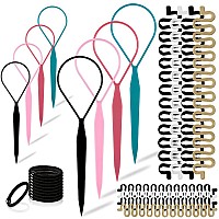 Topsy Hair Tail Tools Set,TsMADDTs Hair Braiding Set 8 pcs Topsy Tail Tools 8 pcs French centipede Braiders for French Twist Plait Ponytail 10 pcs Black Hair Ties Bulk