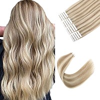 Sixstarhair Remy Tape In Hair Extensions Ash Blonde and Ash Brown Piano color Remy Human Hair Lowlight Hair Extensions 20 Pieces Pack For White Women P8-60 20inch]