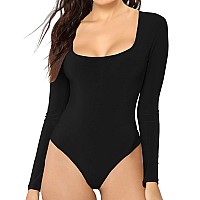 MANgDIUP Womens Scoop Neck Long Sleeve Basic Bodysuits Jumpsuits (Black, S)