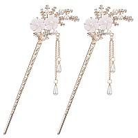 2 Pcs Rhinestone Pearl Flower Hair Stick Chinese Hair Chopsticks Vintage Tassel Hair Pin Chignon Pin Chopsticks Hair Styling Hair Making Accessories For Women (White)1