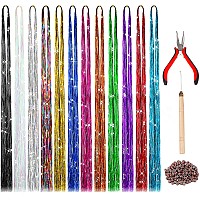 47 Inches Tinsel Hair Extension with Tool 12 colors 2400 Strands Hair Extension Tinsel Kit glitter Hair Extensions for Women girls Hair Accessories for christmas New Year Halloween cosplay Party