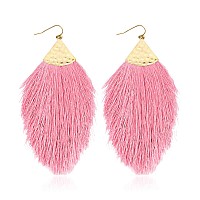 Bohemian Silky Thread Fan Fringe Tassel Statement Earrings - Lightweight Strand Feather Shape Dangles (Feather Fringe - Pink)