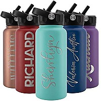 Amazing Items Personalized Water Bottle w Straw Lid, 32 oz - Teal custom Stainless Steel Sports Water Bottle w Name and Text - Double-Wall, Vacuum Insulated - Rotating Handle