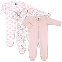 The Peanutshell Flowers & Stars 3 Pack Footed Sleepers for Baby girls (9M) Pink