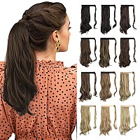 Sofeiyan curly Ponytail Extension 15 Inch Heat Resistant Synthetic Natural Wavy Hairpiece Wrap Around Pony Tail Hair Extensions for White Black Women Hair Piece, Darkest BrownLight Auburn Mix