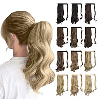 Sofeiyan Curly Ponytail Extension 15 Inch Heat Resistant Synthetic Natural Wavy Hairpiece Wrap Around Pony Tail Hair Extensions For White Black Women Hair Piece, Lightest Brown Highlighted Bleach Blonde