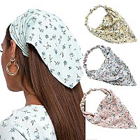 Awaytr Floral Elastic Hair Scarf Headband - 3 Pcs Chiffon Head Kerchief Headband Print Floral Hair Scarves With Hair Clips Kerchief Head Scarf Hair Bandanas For Women (Yellowbluepink)