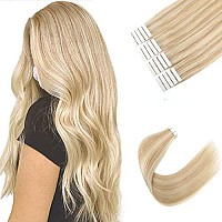 Sixstarhair Highlighted Tape In Human Hair Extensions Seamless Skin Weft Hair Extensions With Dirty Blonde And Platinum Blonde Hair Extensions Double Sided Tapes P18-613 20Inch