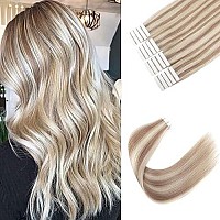 Sixstarhair Seamless Tape In Hair Extensions 20 Pieces Remy Human Hair Highlight Hair Extensions Color Swedish Blonde And Ash Blonde Piano Color For Beautiful Girl 50G20 Pieces Pack Color 2060 22Inch]