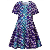 Raisevern Toddler Girls Short Sleeve Dress Blue Mermaid Fish Scale Print Dress Summer Dress Casual Swing Holiday Birthday Theme Party Sundress Toddler Kids Twirly Skirt 4-5T