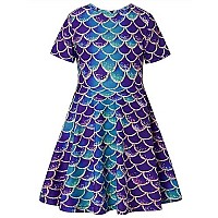 Raisevern Toddler Girls Short Sleeve Dress Blue Mermaid Fish Scale Print Dress Summer Dress Casual Swing Holiday Birthday Theme Party Sundress Toddler Kids Twirly Skirt 4-5T