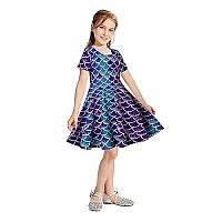 Raisevern Toddler Girls Short Sleeve Dress Blue Mermaid Fish Scale Print Dress Summer Dress Casual Swing Holiday Birthday Theme Party Sundress Toddler Kids Twirly Skirt 4-5T