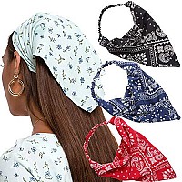 Awaytr Floral Elastic Hair Scarf Headband - 3 Pcs Chiffon Head Kerchief Headband Print Floral Hair Scarves With Hair Clips Kerchief Head Scarf Hair Bandanas For Women (Cashew(Blacknavyred))