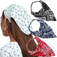 Awaytr Floral Elastic Hair Scarf Headband - 3 Pcs Chiffon Head Kerchief Headband Print Floral Hair Scarves With Hair Clips Kerchief Head Scarf Hair Bandanas For Women (Cashew(Blacknavyred))