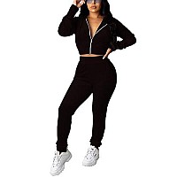 Pinsv 2 Piece Outfits Velour Tracksuit For Women Zip Up Hoodie Velvet Jogging Sweatsuit Workout Sets Solid Black S