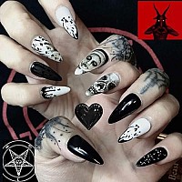 Babalal 24Pcs Medium Stiletto Fake Nails Black Skull False Nails Punk Full Cover Artificial Press On Nails For Women And Girls