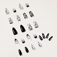 Babalal 24Pcs Medium Stiletto Fake Nails Black Skull False Nails Punk Full Cover Artificial Press On Nails For Women And Girls