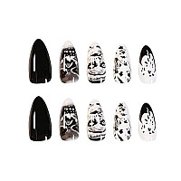 Babalal 24Pcs Medium Stiletto Fake Nails Black Skull False Nails Punk Full Cover Artificial Press On Nails For Women And Girls