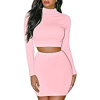 Gobles Womens 2 Piece Skirt Sets Long Sleeve Bodycon Elegant Dress Outfits Pink