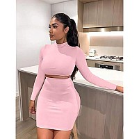 Gobles Womens 2 Piece Skirt Sets Long Sleeve Bodycon Elegant Dress Outfits Pink