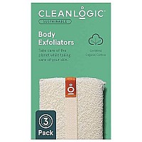 Cleanlogic Organic Cotton Exfoliating Body Scrubber, Reusable Exfoliator Tool For Smooth And Softer Skin, Daily Skincare Routine, Natural, 3 Count Value Pack