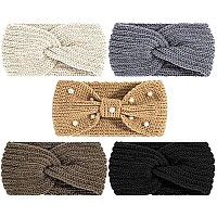 Whaline 5 Pieces Winter Knit Headbands Chunky Knit Headbands,4 Elastic Turban Head Wraps And 1 Pearl Crochet Hair Band, Ear Warmer Crochet Head Wraps For Women Girls (Gray & Brown Colors)