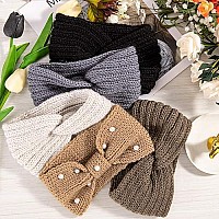 Whaline 5 Pieces Winter Knit Headbands Chunky Knit Headbands,4 Elastic Turban Head Wraps And 1 Pearl Crochet Hair Band, Ear Warmer Crochet Head Wraps For Women Girls (Gray & Brown Colors)