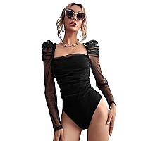 Floerns Womens Puff Sleeve Square Neck Mesh Surplice Ruched Bodysuit Tops Jumpsuits Black Sheer M