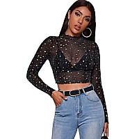 Soly Hux Womens See Through Tops Floral Print Long Sleeve Tee Lettuce Trim Sexy Sheer Mesh Crop Top T Shirts Black Crop L