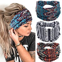 Gortin Boho Headbands Stretch Wide Hair Bands Black Elastic Yoga Sweatband Knoted Turban Headband Cloth Twist Head Wraps Stylish Head Bands For Women And Girls 3 Pcs (Set 2)