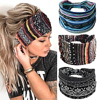 Gortin Boho Headbands Stretch Wide Hair Bands Black Elastic Yoga Sweatband Knoted Turban Headband Cloth Twist Head Wraps Stylish Head Bands For Women And Girls 3 Pcs (Set 1)