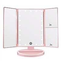 Flymiro Tri-fold Lighted Vanity Makeup Mirror with 3x2x1x Magnification, 21Leds Light and Touch Screen,180 Degree Free Rotation countertop cosmetic Mirror,Travel (Pink)