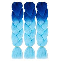 Jumbo Braiding Hair Synthetic Ombre Braiding Hair 3 Pack 24 Inch High Temperature Synthetic Crochet Braids Hair Extensions(Blue/Sky Blue)