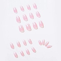 Babalal 24Pcs Medium Coffin Fake Nails Pink White Flame False Nails Glossy Ballerina Press On Nails For Women And Girls