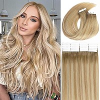 Lacer Tape In Hair Extensions Human Hair 14 Inch Natural Weft 8 Light Brown Fading To 12 Light Brown With 60 Platinum Blonde Double Sided Extensions Human Hair 50G 20Pcs