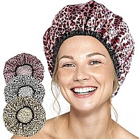 Shower Caps For Women 3 Pack In Different Designs - Large Opening For Short And Long Hair - Reusable Bath Hair Cap For Ladies, Men And Kids