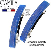 Camila Paris Cp3042 French Hair Barrette Clip For Girls, Set Of 2 Blue Rubberized Metal Clasp Strong Hold Grip Hair Clips For Women, No Slip Durable Styling Girls Hair Accessories, Made In France