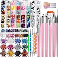 Fandamei Nail Art Kit, Nail Design Tools Kit With Nail Art Brushes, Nail Dotting Tools,Fine Glitter,Nail Butterfly, Nail Heart Glitter Sequins, Nail Foil Flakes, Nail Art Rhinestones, Nail Dust Brush