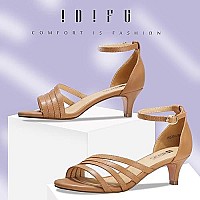 Idifu Womens Low Kitten Strappy Sandals Heels Open Toe Ankle Strap Bridal Dress Wedding Shoes For Women(Nude Pu, 10 M Us)