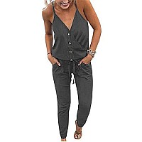 Adibosy Women V Neck Jumpsuits Strap Sleeveless Summer Rompers With Pockets Button Dark Gray L