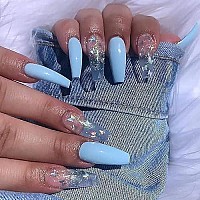 Babalal Long Coffin Fake Nails Butterfly Ballerina False Nails Blue Press On Nails Glossy Acrylic Nail Tips With Design For Women And Girls