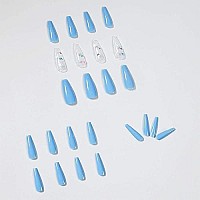 Babalal Long Coffin Fake Nails Butterfly Ballerina False Nails Blue Press On Nails Glossy Acrylic Nail Tips With Design For Women And Girls